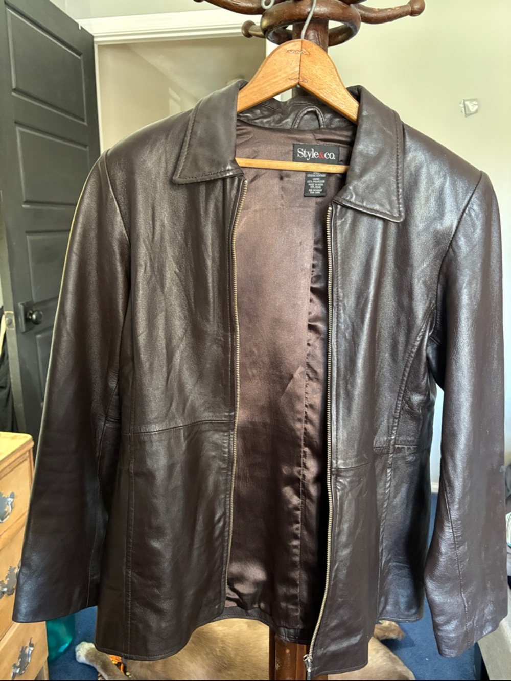 Style & Co. Dark Brown Leather Zip Jacket (Small)
